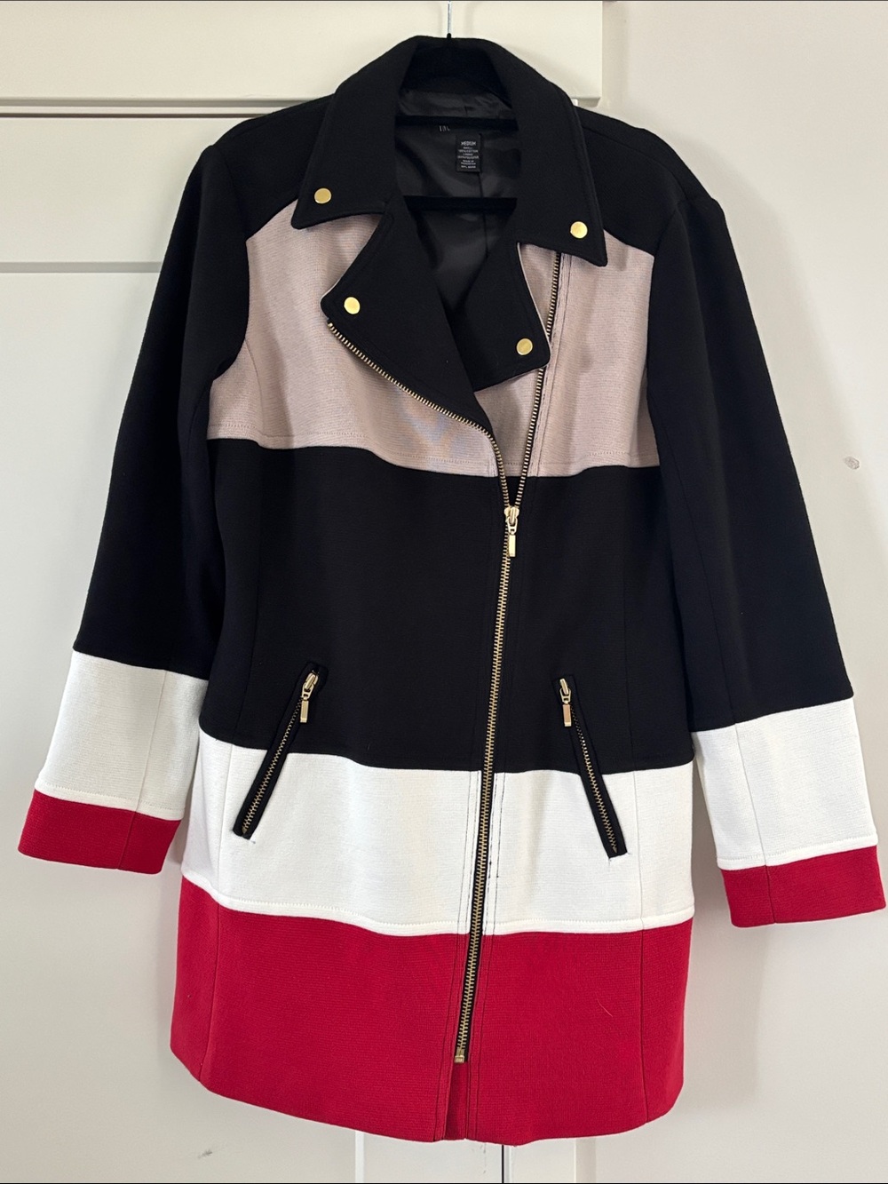 INC International Concepts Black, White, Red & Taupe Colorblock Moto Coat